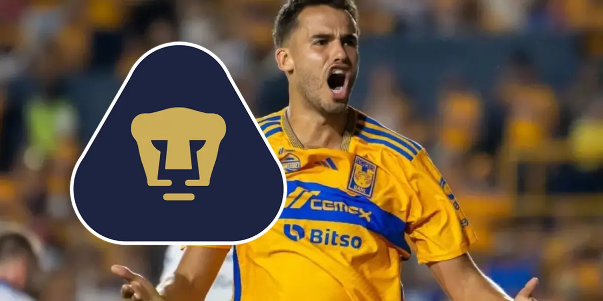 Diego Reyes jugando con Tigres, escudo de Tigres y escudo de Pumas