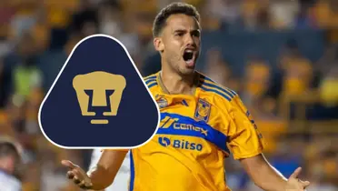 Diego Reyes jugando con Tigres, escudo de Tigres y escudo de Pumas