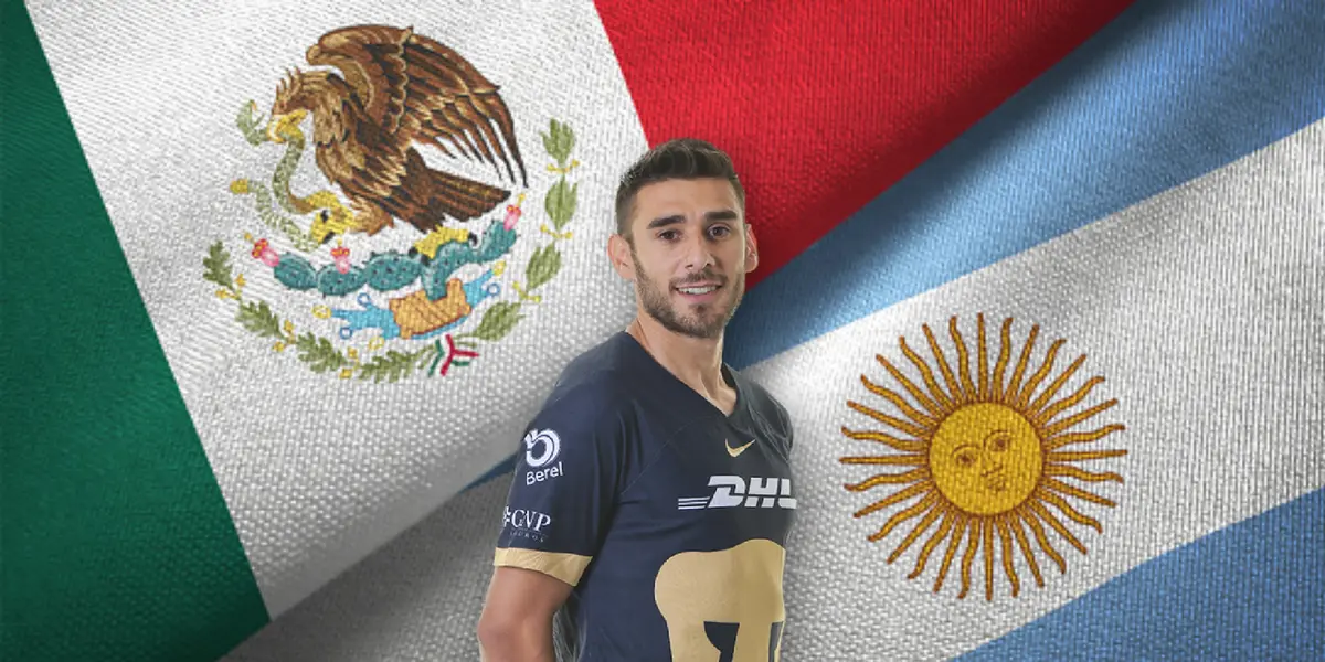 Eduardo Salvio con Pumas, banderas de México y Argentina