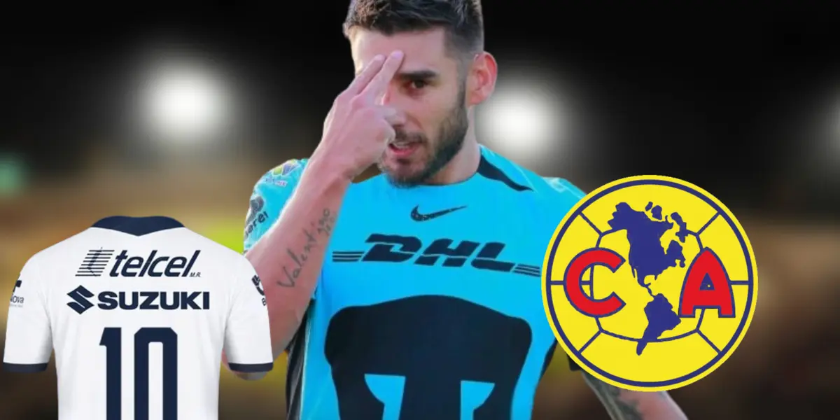 Eduardo Salvio con Pumas y escudo del América, dorsal 10