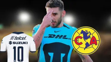 Eduardo Salvio con Pumas y escudo del América, dorsal 10