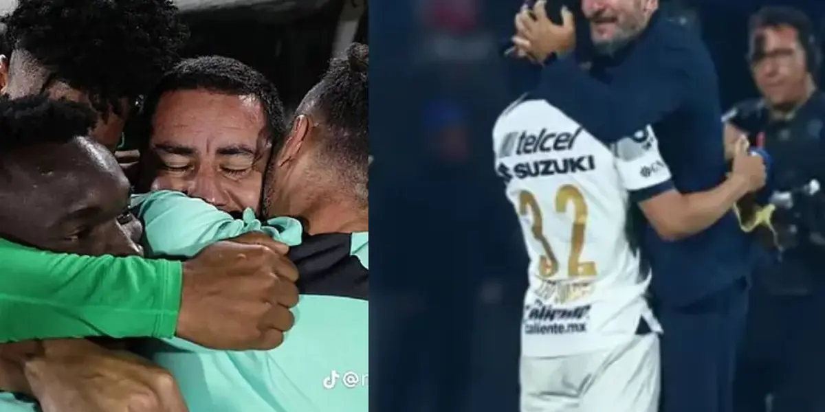 Efraín Juárez abraza a jugadores, a la derecha, Lema abraza a un jugador (Fuente: Atlético Nacional y Mexsports)