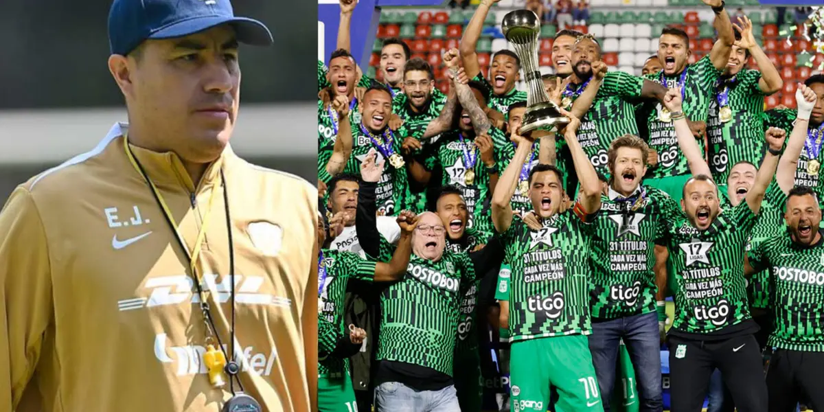 Efraín Juárez dirige a Pumas, a la derecha, plantilla de Nacional celebra titulo (Fuente: Pumas y Caracol)