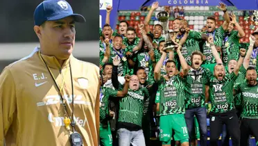 Efraín Juárez dirige a Pumas, a la derecha, plantilla de Nacional celebra titulo (Fuente: Pumas y Caracol)