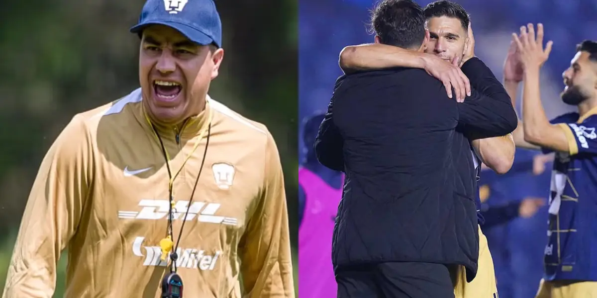 Efraín Juárez dirige práctica, a la derecha, jugador de Pumas abraza a Lema (Fuente: Pumas y Mexsports)