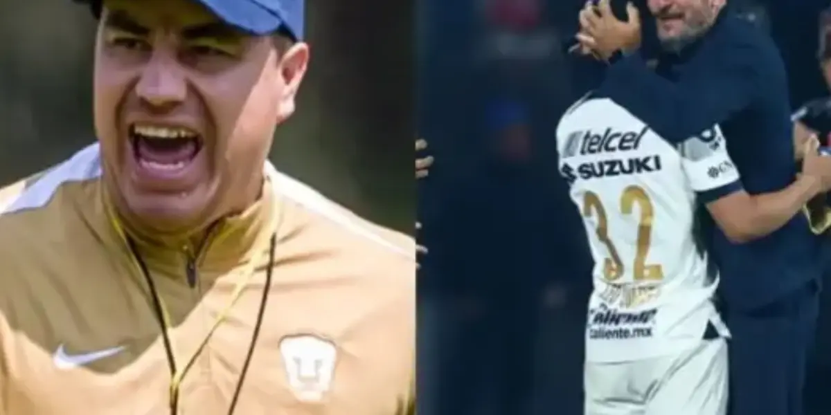 Efraín Juárez dirige práctica, a la derecha, Lema abraza a jugador (Fuente: Pumas y Mexsports)