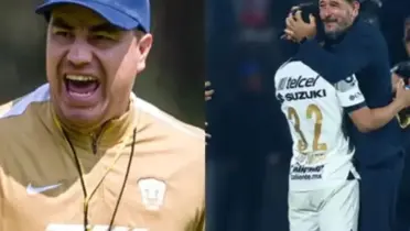 Efraín Juárez dirige práctica, a la derecha, Lema abraza a jugador (Fuente: Pumas y Mexsports)