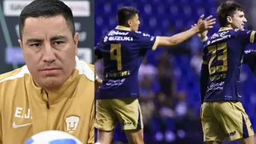 Efraín Juárez en conferencia, a la derecha, Martínez y Pussetto se felicitan (Fuente: Concacaf y Mexsports)