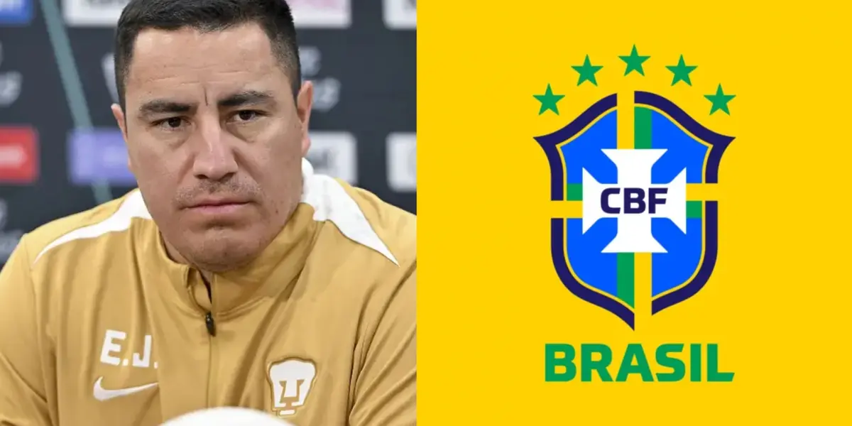 Efraín Juárez en conferencia de prensa, a la derecha, escudo de Brasil (Fuente: Concacaf y CBF)
