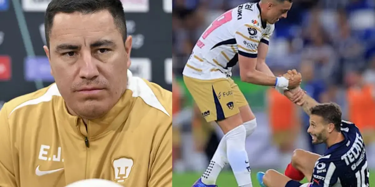 Efraín Juárez en conferencia de prensa, a la derecha, Funes ayuda a Canales (Fuente: Pumas y Mexsports)