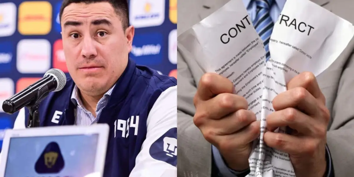 Efraín Juárez en conferencia de prensa, a la derecha, hombre rompe contrato (Fuente: Pumas y Free Pick)