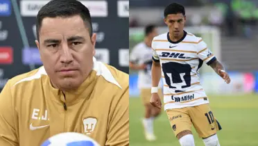 Efraín Juárez en conferencia de prensa, a la derecha, Leo Suárez en cancha (Fuente: Mexsports y Pumas)