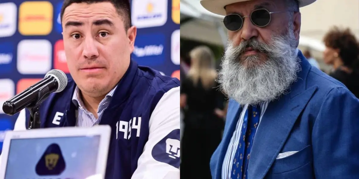 Efraín Juárez en conferencia de prensa, a la derecha, un hombre viejo elegante (Fuente: Pumas y I Stock)