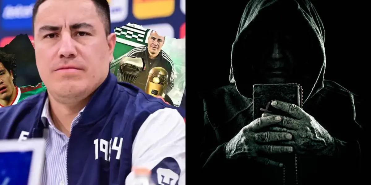 Efraín Juárez en conferencia de prensa, a la derecha, un monje con un libro (Fuente: Pumas y I Stock)