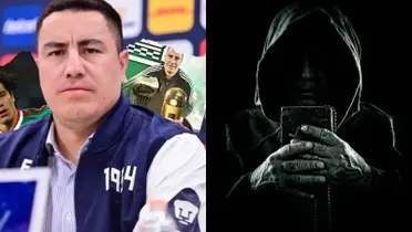 Efraín Juárez en conferencia de prensa, a la derecha, un monje con un libro (Fuente: Pumas y I Stock)