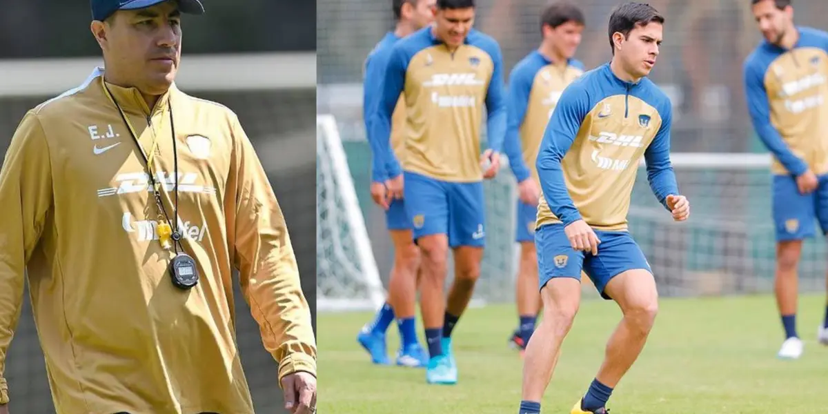 Efraín Juárez en ensayo de Pumas, a la derecha, jugadores entrenan (Fuente: Pumas y Mexsports)