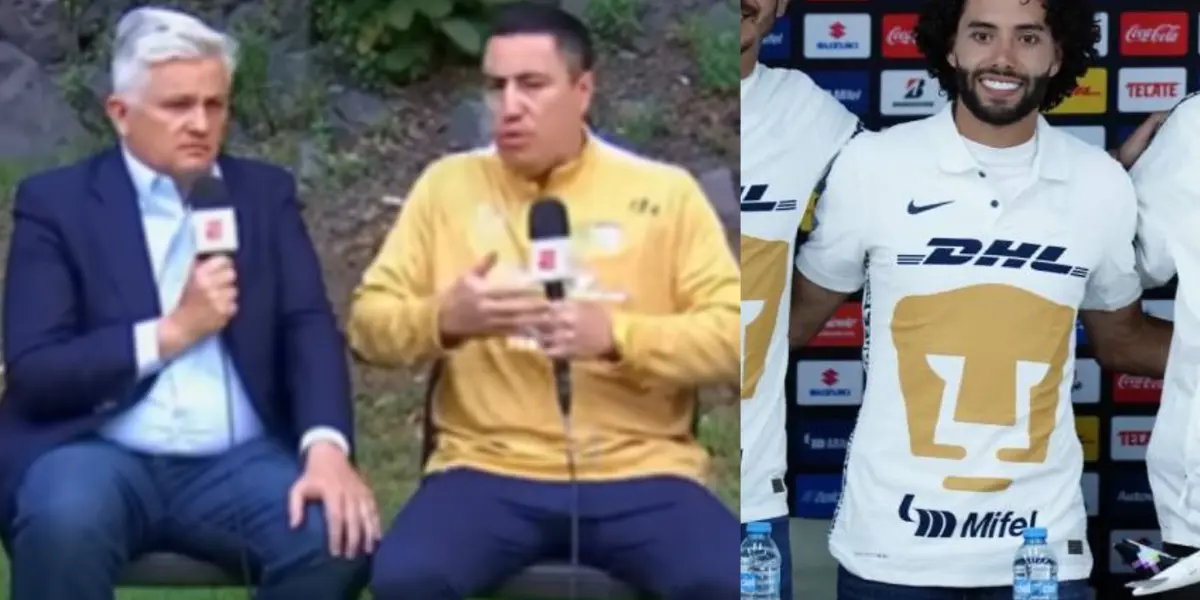 Efraín Juárez en una entrevista en ESPN, a la derecha, César Huerta presentado en conferencia (Fuente: ESPN y Pumas)