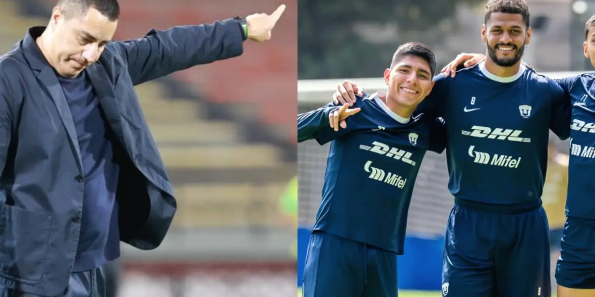 Efraín Juárez enojado pide a jugador que salga, a la derecha, Quispe y Caicedo en la práctica (Fuente: Caracol y Pumas)