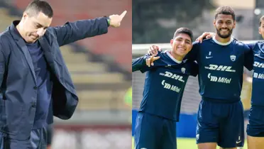 Efraín Juárez enojado pide a jugador que salga, a la derecha, Quispe y Caicedo en la práctica (Fuente: Caracol y Pumas)