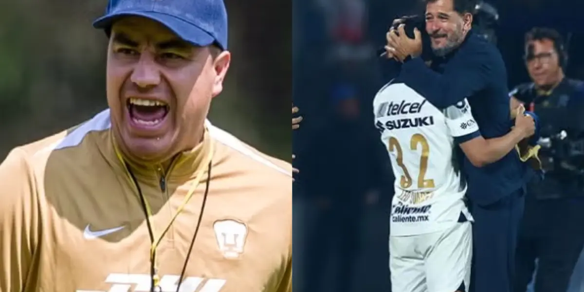 Efraín Juárez grita en práctica de Pumas, a la derecha, Lema abraza a un jugador (Fuente: Pumas e Imago)