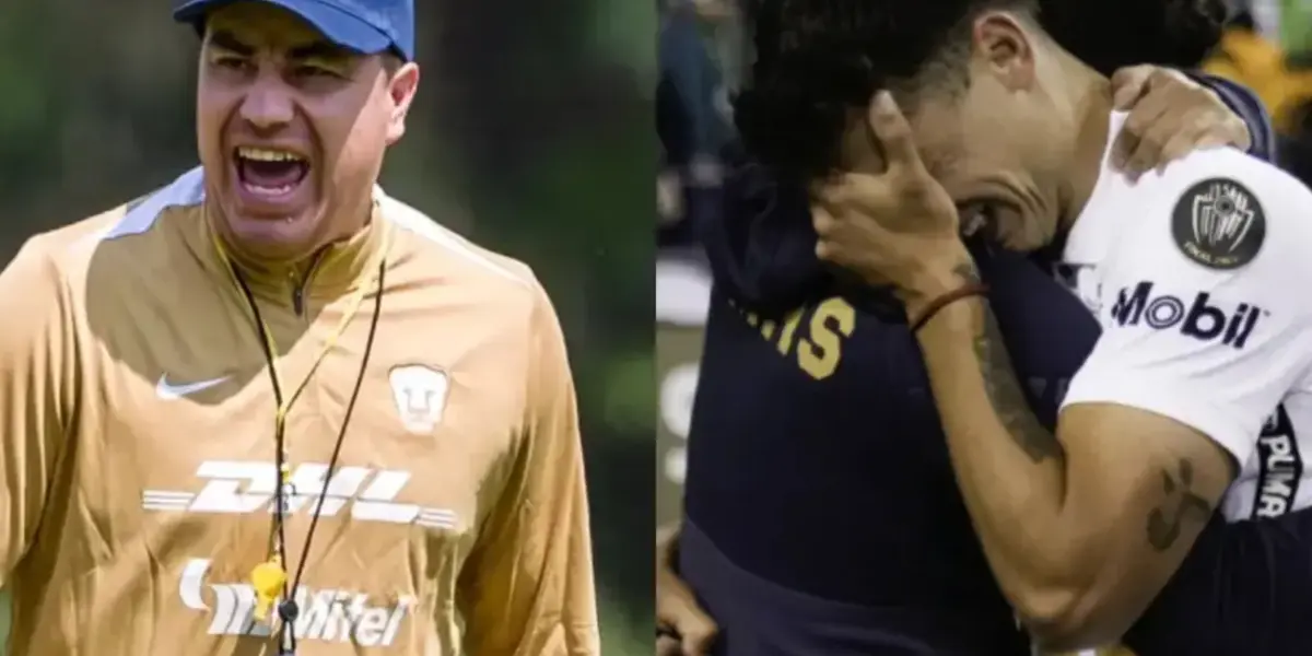 Efraín Juárez grita en una práctica, a la derecha, jugadores de Pumas se lamentan (Fuente: Pumas y Mexsports)