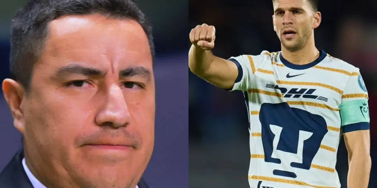 Efraín Juárez mira partido, a la derecha, Magallán canta himno de Universidad (Fuente: Mexsports y Getty)