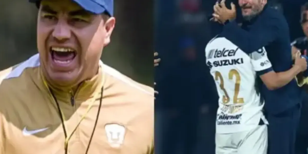 Efraín Juárez molesto en práctica, a la derecha, jugador abraza a Lema (Fuente: Pumas y Mexsports)