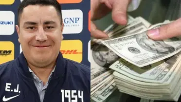 Efraín Juárez presentado en los Pumas, a la derecha, hombre cobra dinero (Fuente: Pumas y Minuto Uno)