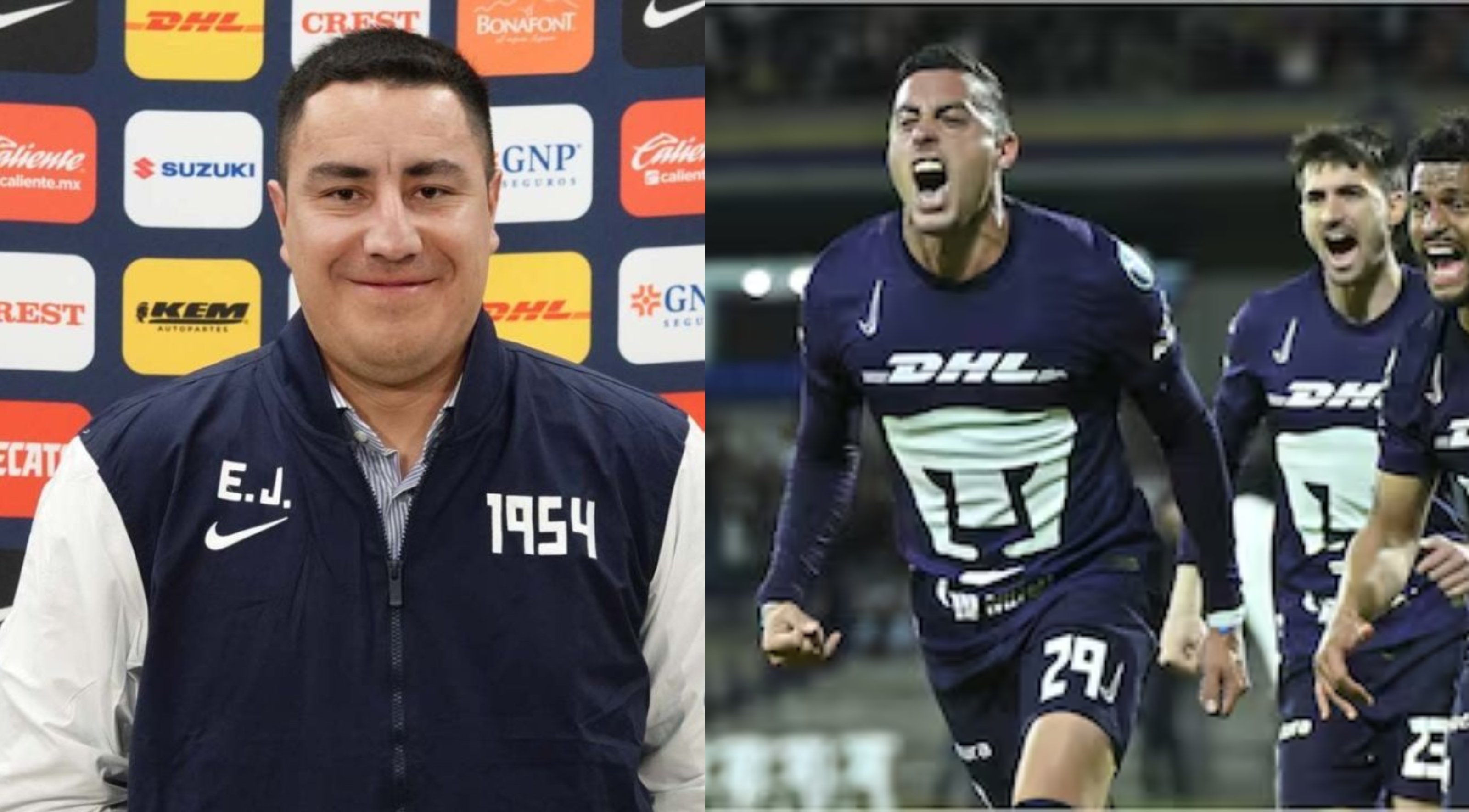 Efraín Juárez presentado en Pumas, a la derecha, Rogelio Funes Mori festeja gol (Fuente: Pumas y Mexsports)