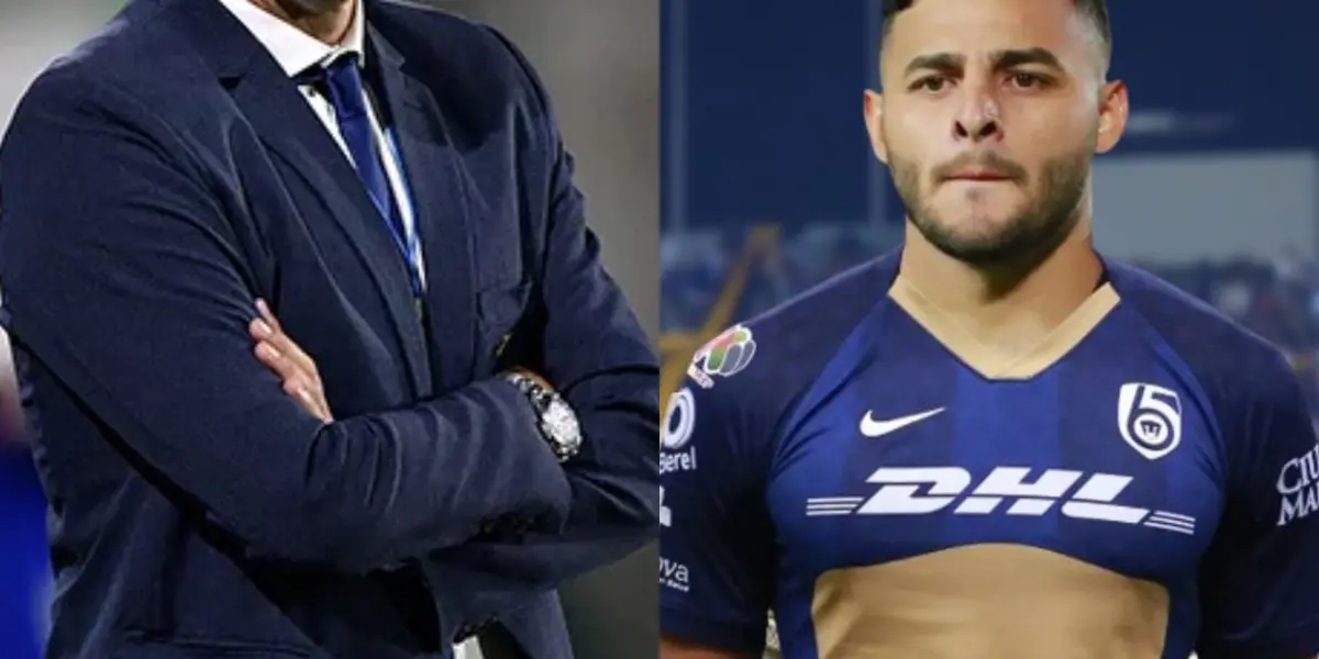 Entrenador de fútbol mira un juego, a la derecha, Alexis Vega con la playera de Pumas (Fuente: T Y C y Fan Pumas)