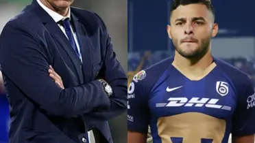 Entrenador de fútbol mira un juego, a la derecha, Alexis Vega con la playera de Pumas (Fuente: T Y C y Fan Pumas)