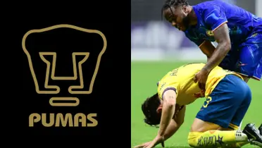 Escudo de Pumas a la izquierda, a la derecha, Reyes se lamenta error (Fuente: Azul y Oro y Mexsports)