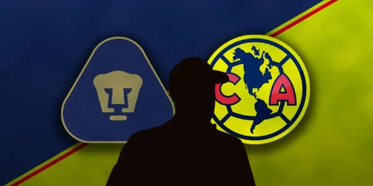Escudos de Pumas y América con silueta de Efraín Juárez