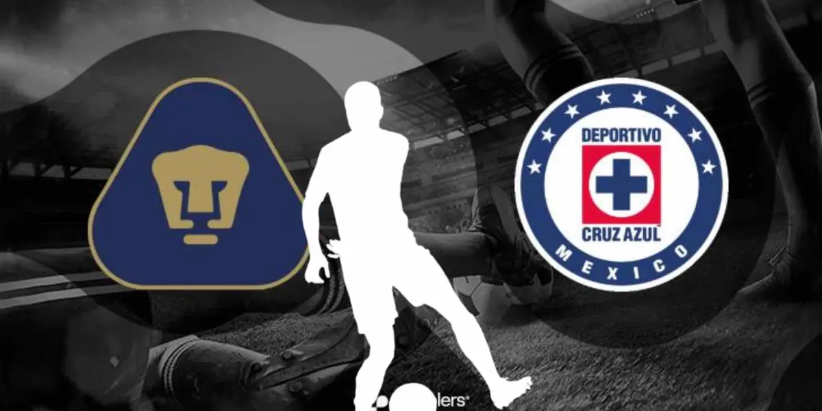 Escudos de Pumas y Cruz Azul con silueta de Andrés Montaño