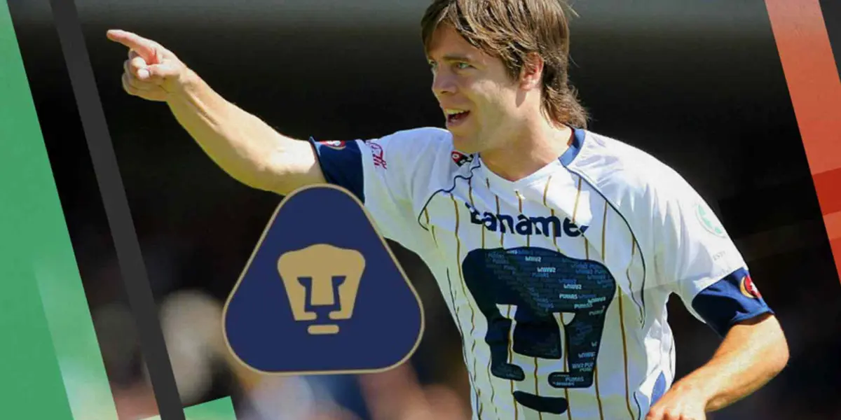 Estaban Solari jugando con Pumas y escudo de Pumas