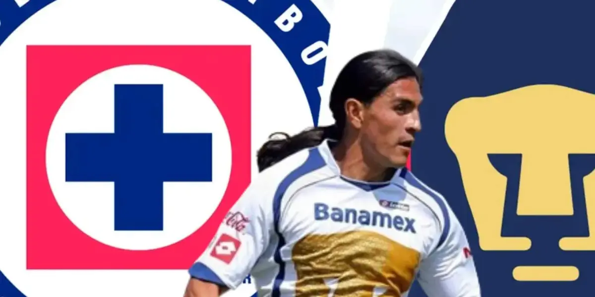 Francisco Palencia con los escudos de Pumas y Cruz Azul