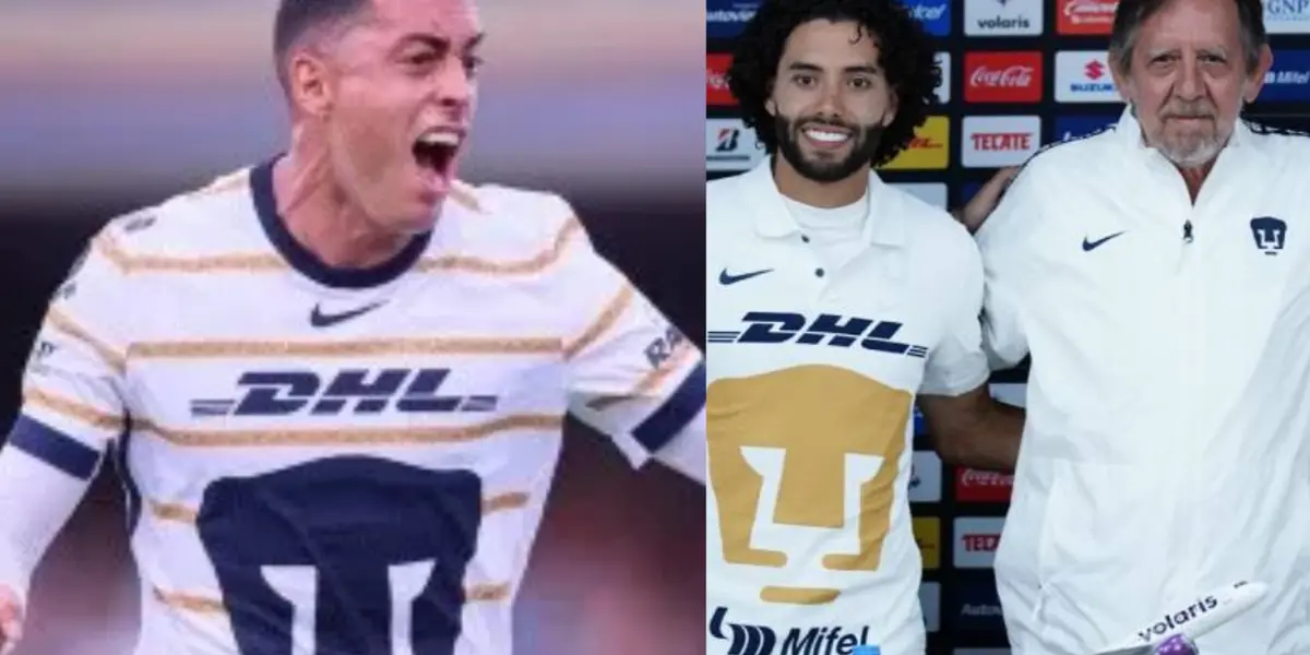 Funes Mori festeja gol con Pumas, a la derecha, la U anuncia refuerzos (Fuente: Mexsports y Pumas)