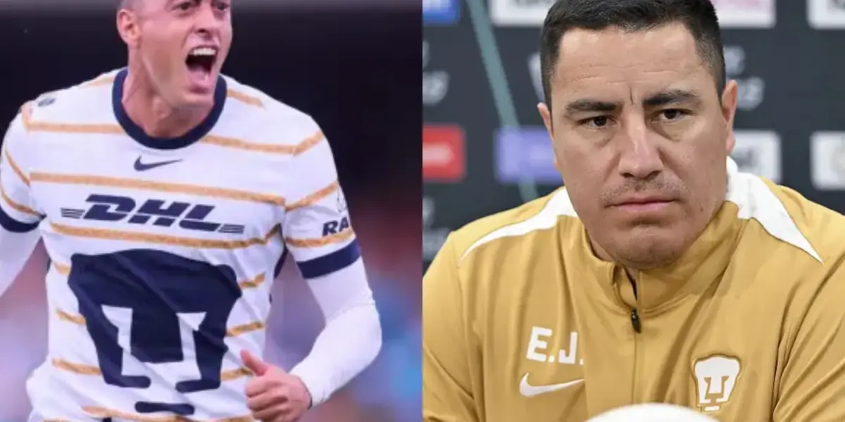Funes Mori festeja gol en Pumas, a la derecha, Juárez en conferencia (Fuente: Mexsports y Concacaf)