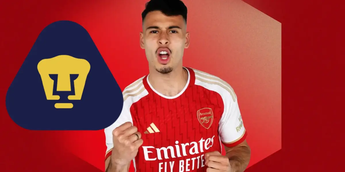 Gabriel Martinelli en el Arsenal con escudo de Pumas