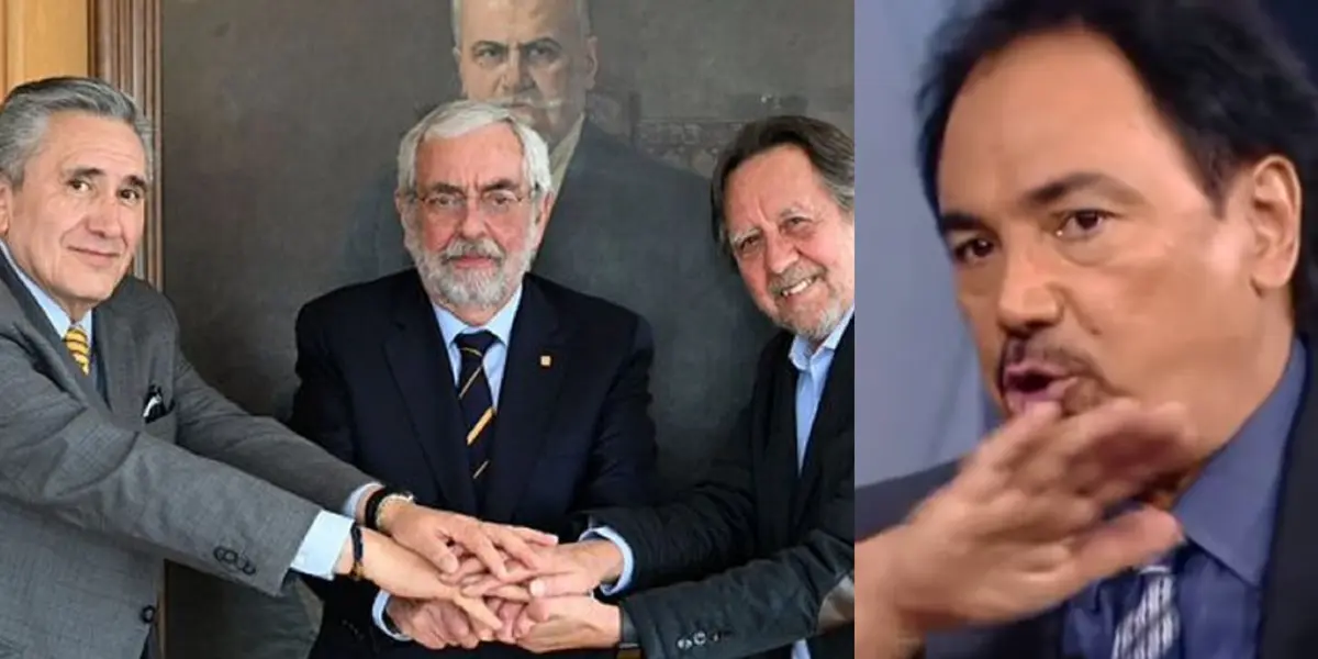 Gente a cargo de Patronato se toma una foto, a la derecha, Hugo habla en ESPN (Fuente: Pumas e ESPN)