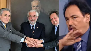 Gente a cargo de Patronato se toma una foto, a la derecha, Hugo habla en ESPN (Fuente: Pumas e ESPN)