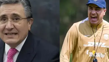 González en conferencia, a la dereecha, Efraín Juárez en práctica de Pumas (Fuente. Unam y Pumas)