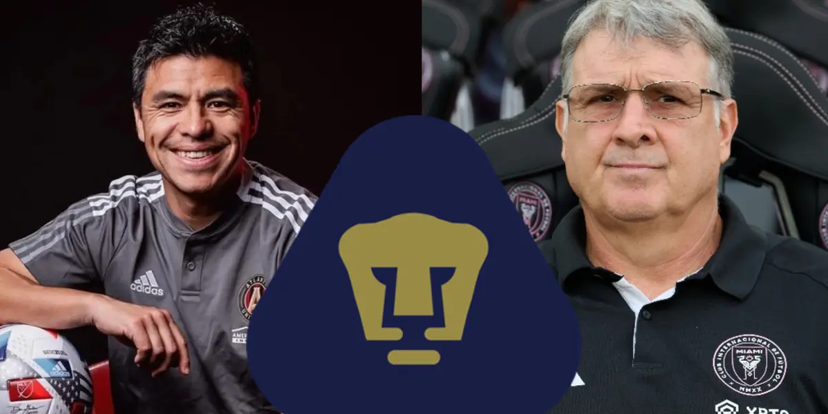 Gonzalo Pineda con Atlante United y Gerardo Martino con Inter de Miami, escudo de Pumas
