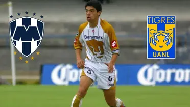 Gonzalo Pineda con escudos de Tigres y Rayados/FOTO: Bolavip