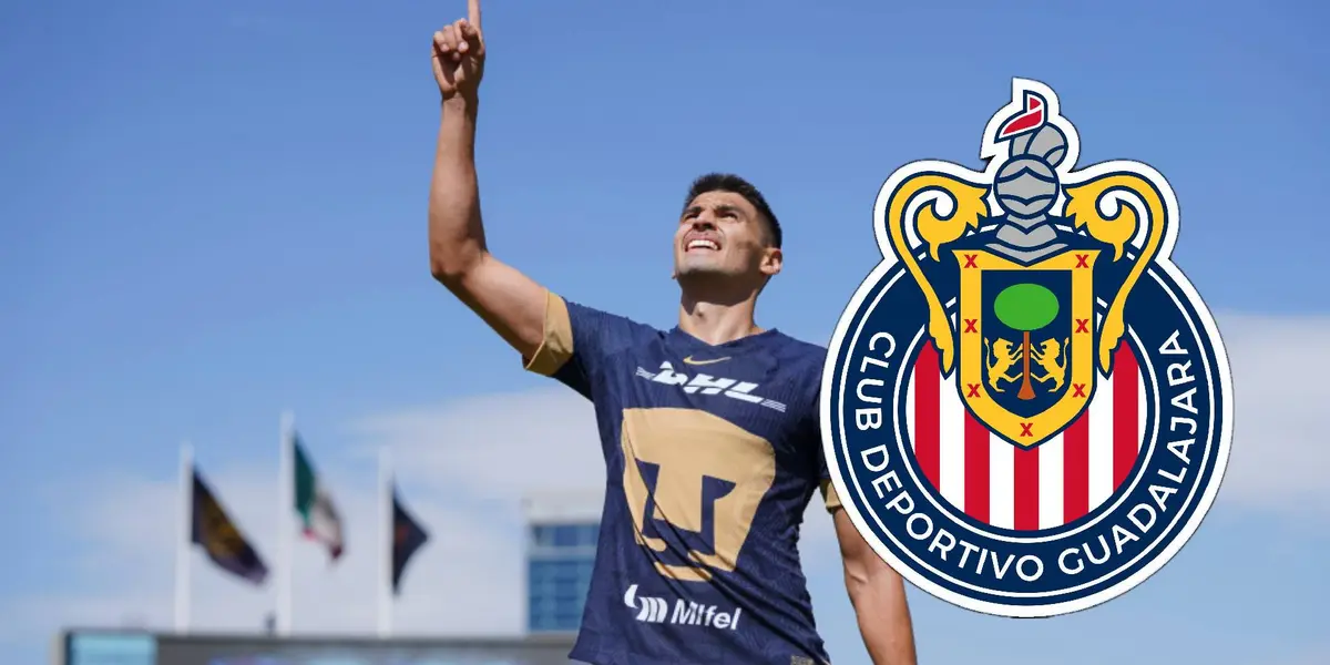 Guillermo Martínez con Pumas y escudo de Chivas