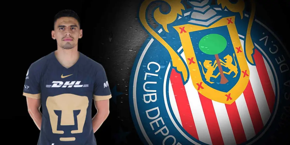 Guillermo Martínez con Pumas y escudo de las Chivas