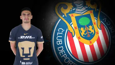 Guillermo Martínez con Pumas y escudo de las Chivas