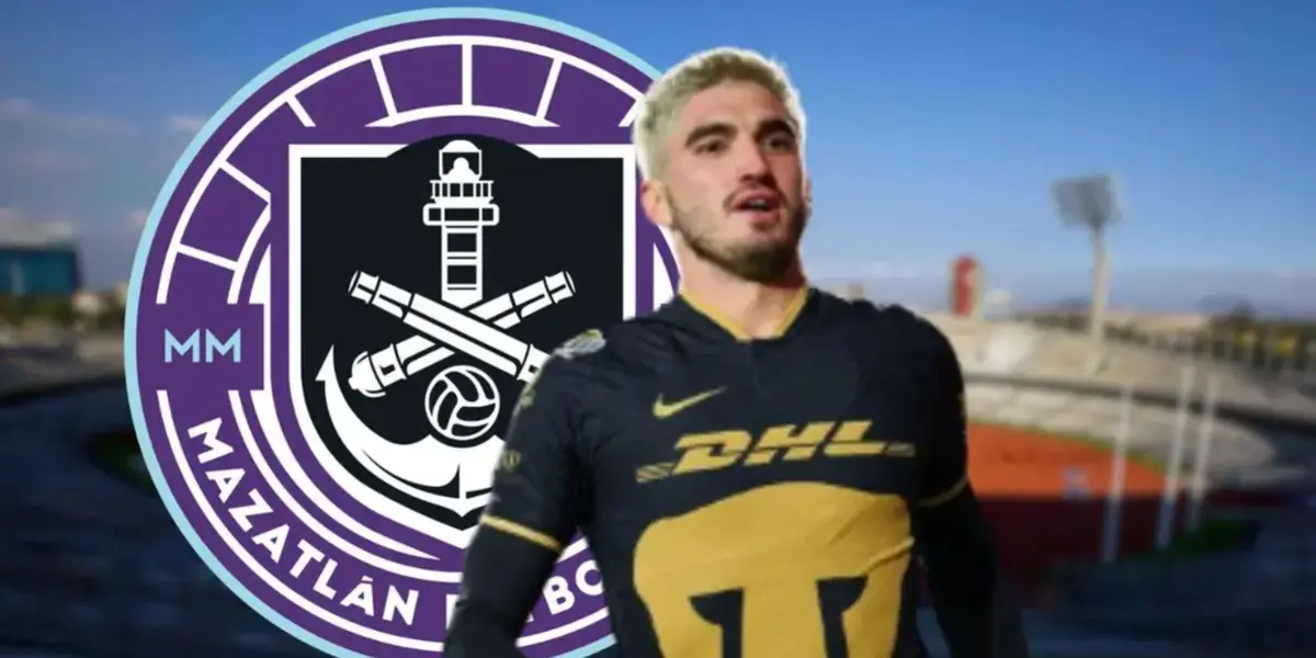 Gustavo Del Prete con Pumas y escudo de Mazatlán