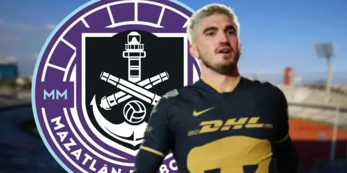 Gustavo del Prete con Pumas y escudo de Mazatlán