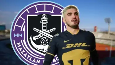 Gustavo del Prete con Pumas y escudo de Mazatlán
